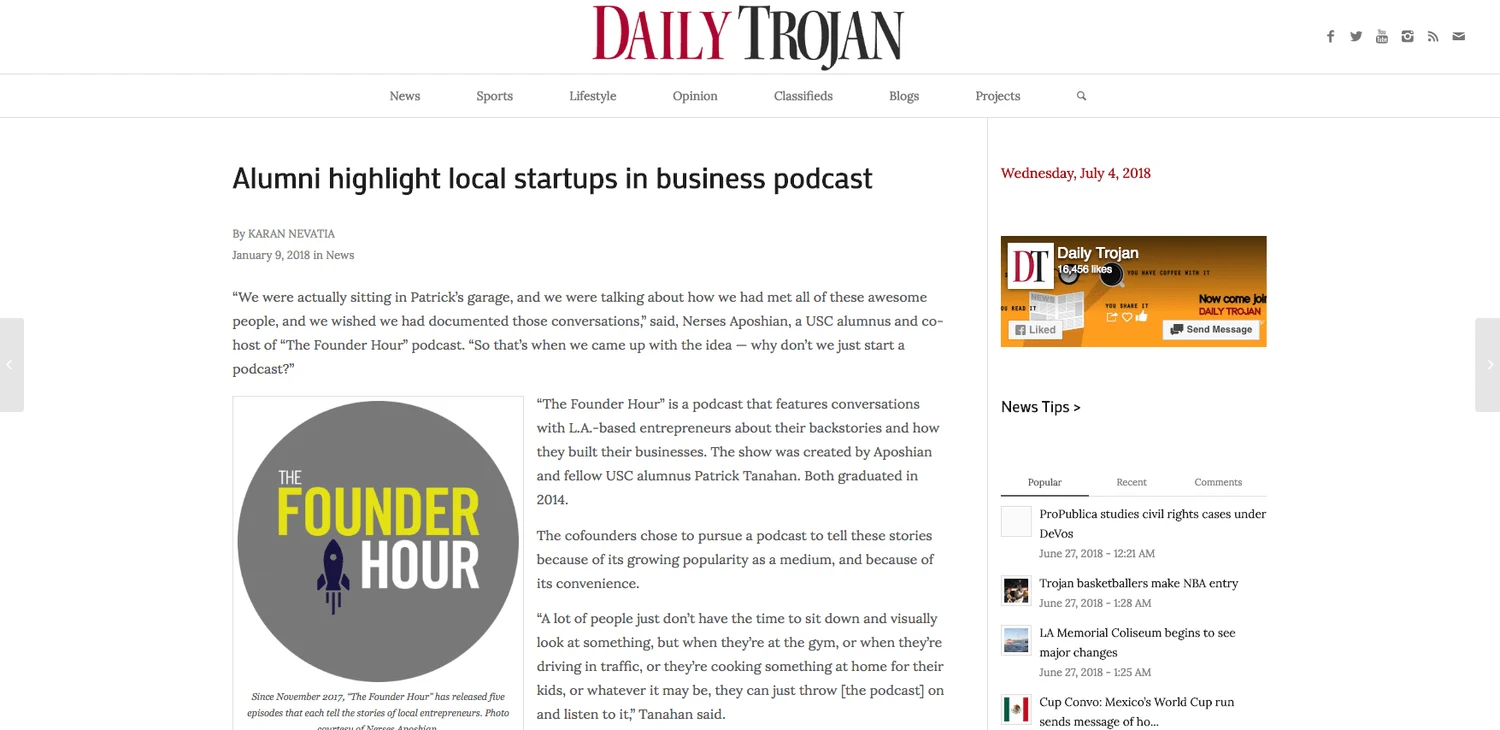 The Daily Trojan, USC, USC Alumni, The Founder Hour, Pat and Posh, Patrick Tanahan, Nerses Aposhian
